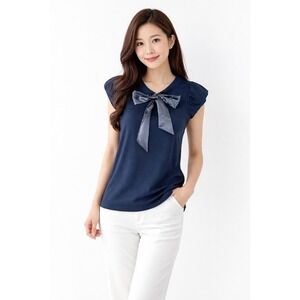 Jayeonjui Blue Satin Bow Scoop Neck Ruched Cap‎ Sleeve Top 90/US M Preppy 73-55